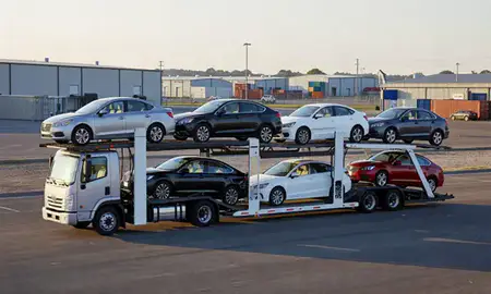 Car transporter loaded with vehicles in Carolina Forest, South Carolina, United States