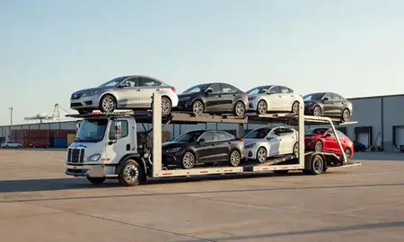Car transporter loaded with vehicles in Charleston, South Carolina, United States