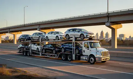 Car transporter with the Charleston, South Carolina, United States skyline behind it