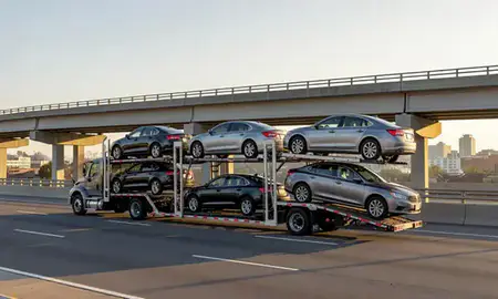 Car transporter with the Columbia, South Carolina, United States skyline behind it