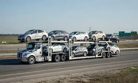 Multi-level car carrier on the highway to Conway, South Carolina, United States
