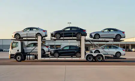 Car transporter parked in an industrial area of Conway, South Carolina, United States
