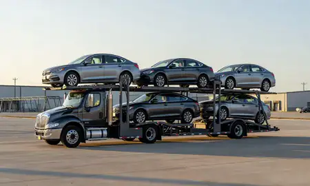 Car transporter loaded with vehicles in Conway, South Carolina, United States