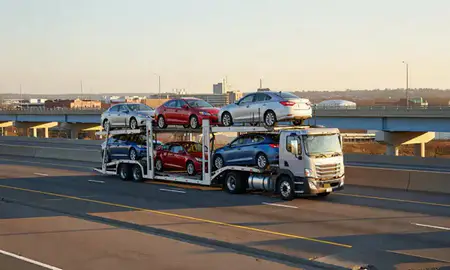 Car transporter with the Conway, South Carolina, United States skyline behind it