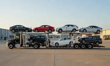 Car transporter parked in an industrial area of Easley, South Carolina, United States
