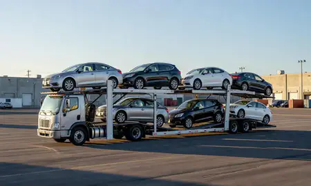 Car transporter loaded with vehicles in Easley, South Carolina, United States