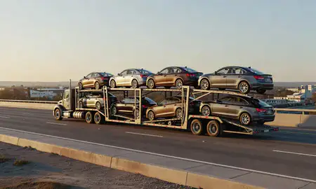 Car transporter with the Easley, South Carolina, United States skyline behind it