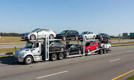 Multi-level car carrier on the highway to Florence, South Carolina, United States