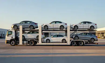 Car transporter parked in an industrial area of Florence, South Carolina, United States