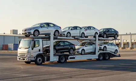 Car transporter loaded with vehicles in Florence, South Carolina, United States