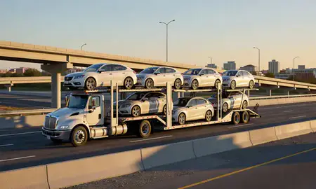 Car transporter with the Florence, South Carolina, United States skyline behind it