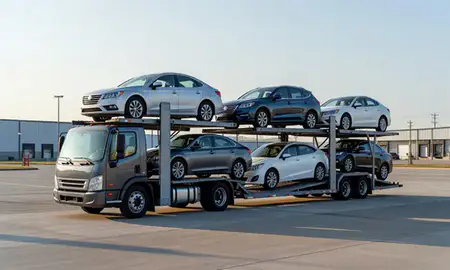 Car transporter loaded with vehicles in Fort Mill, South Carolina, United States