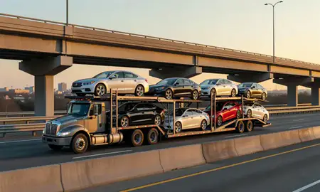 Car transporter with the Fort Mill, South Carolina, United States skyline behind it