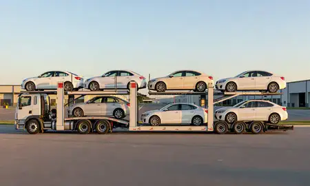 Car transporter parked in an industrial area of Goose Creek, South Carolina, United States