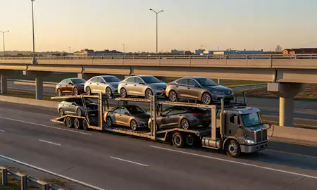 Car transporter with the Goose Creek, South Carolina, United States skyline behind it