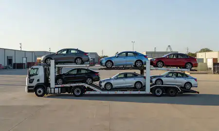 Car transporter loaded with vehicles in Greenville, South Carolina, United States