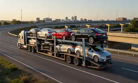 Car transporter with the Greenville, South Carolina, United States skyline behind it