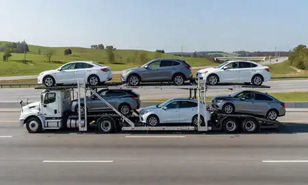 Multi-level car carrier on the highway to Greenwood, South Carolina, United States