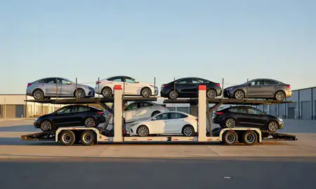 Car transporter parked in an industrial area of Greenwood, South Carolina, United States