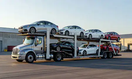 Car transporter loaded with vehicles in Greenwood, South Carolina, United States
