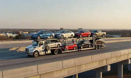 Car transporter with the Greenwood, South Carolina, United States skyline behind it