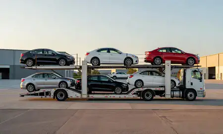 Car transporter parked in an industrial area of Greer, South Carolina, United States