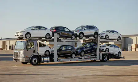 Car transporter loaded with vehicles in Greer, South Carolina, United States