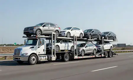 Multi-level car carrier on the highway to Hilton Head Island, South Carolina, United States
