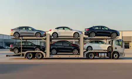Car transporter parked in an industrial area of Hilton Head Island, South Carolina, United States