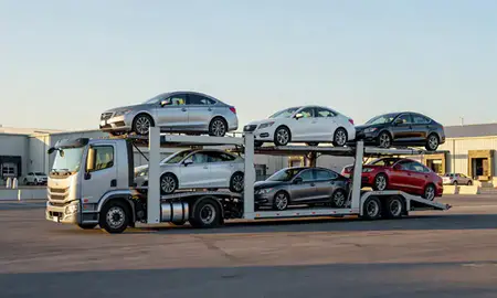 Car transporter loaded with vehicles in Hilton Head Island, South Carolina, United States
