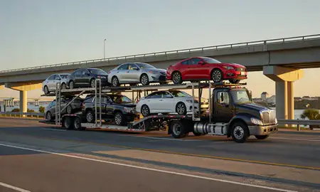 Car transporter with the Hilton Head Island, South Carolina, United States skyline behind it