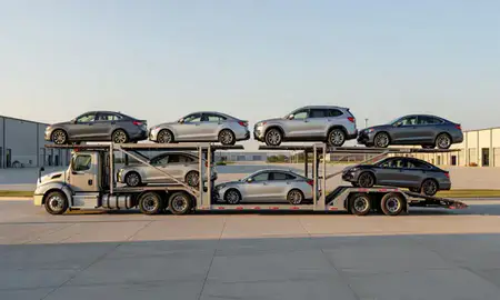 Car transporter parked in an industrial area of Lexington, South Carolina, United States