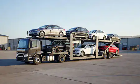 Car transporter loaded with vehicles in Lexington, South Carolina, United States