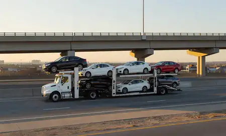 Car transporter with the Lexington, South Carolina, United States skyline behind it