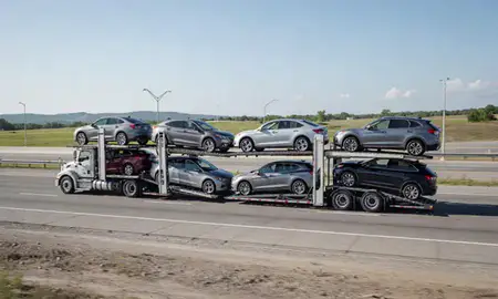 Multi-level car carrier on the highway to Mauldin, South Carolina, United States