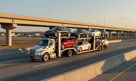 Car transporter with the Mauldin, South Carolina, United States skyline behind it