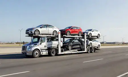 Multi-level car carrier on the highway to Mount Pleasant, South Carolina, United States