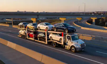 Car transporter with the Mount Pleasant, South Carolina, United States skyline behind it