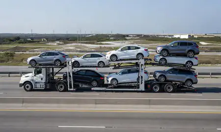 Multi-level car carrier on the highway to Myrtle Beach, South Carolina, United States