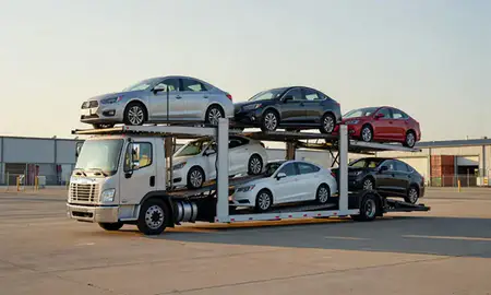 Car transporter loaded with vehicles in Myrtle Beach, South Carolina, United States
