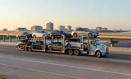 Car transporter with the Myrtle Beach, South Carolina, United States skyline behind it