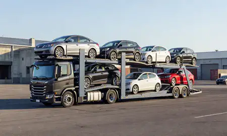 Car transporter loaded with vehicles in North Augusta, South Carolina, United States