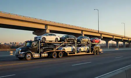 Car transporter with the North Augusta, South Carolina, United States skyline behind it