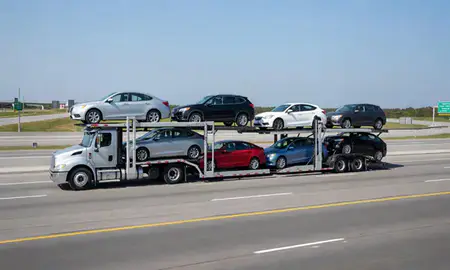 Multi-level car carrier on the highway to North Charleston, South Carolina, United States
