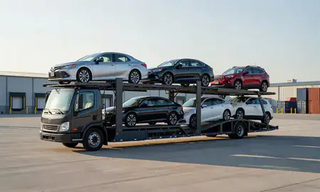 Car transporter loaded with vehicles in North Charleston, South Carolina, United States
