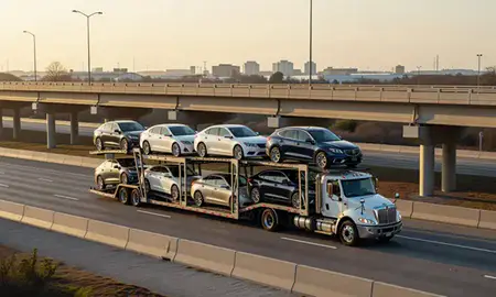 Car transporter with the North Charleston, South Carolina, United States skyline behind it