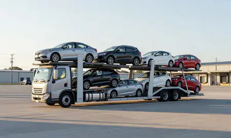 Car transporter loaded with vehicles in Rock Hill, South Carolina, United States
