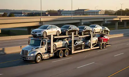 Car transporter with the Rock Hill, South Carolina, United States skyline behind it