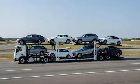 Multi-level car carrier on the highway to Simpsonville, South Carolina, United States