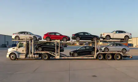 Car transporter parked in an industrial area of Simpsonville, South Carolina, United States